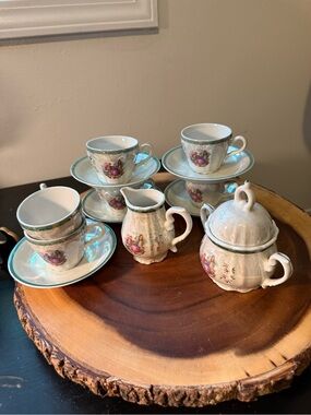 Elegant Lusterware Porcelain Demi Tea Set with Green Trim Love Story